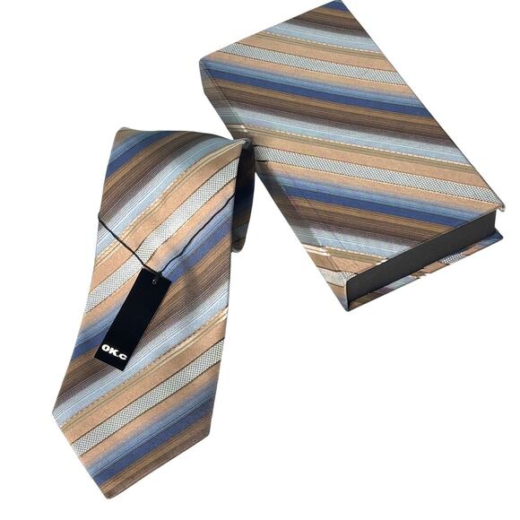 OK.c Microfiber Tie with Matching Gift Box Tan Blue Brown Stripe - Picture 4 of 4